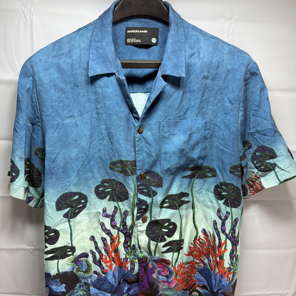 Scotch & Soda Mens Medium Deep Sea Coral Reef Print Tencel Hawaiian Shirt M